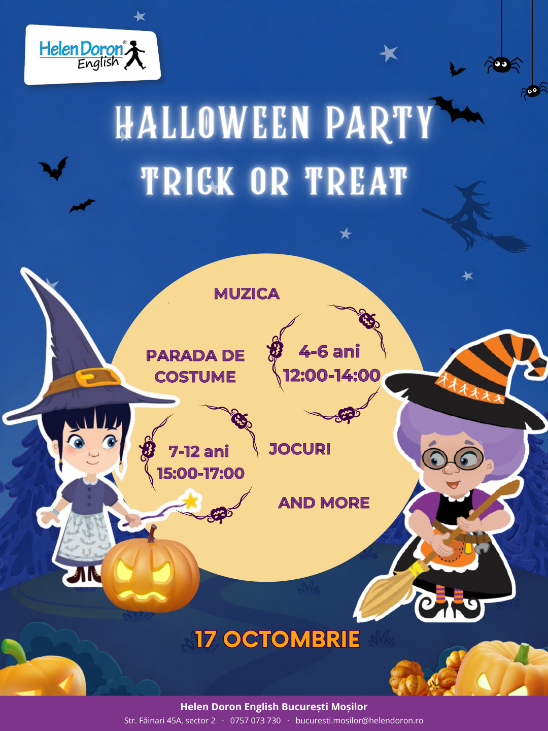Programul Halloween Party pe vârste: 4–6 ani 12:00–14:00, 7–12 ani 15:00–17:00, Helen Doron Moșilor